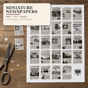 Lost Miniatures - Numérique - 24 x Couvertures de journaux miniatures à faire soi-même - Échelle 1/12 - Mini titres !