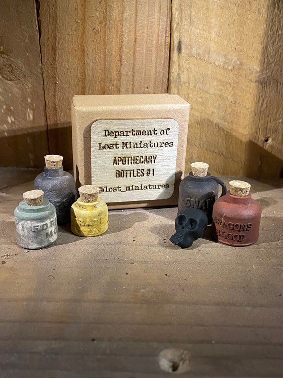 Lost Miniatures - Apothecary Collection  - Set 1 - Poison, Snake Oil, Forest Moss, elixir, Dragons Blood - 1/12 Scale - Dollhouse / Diorama