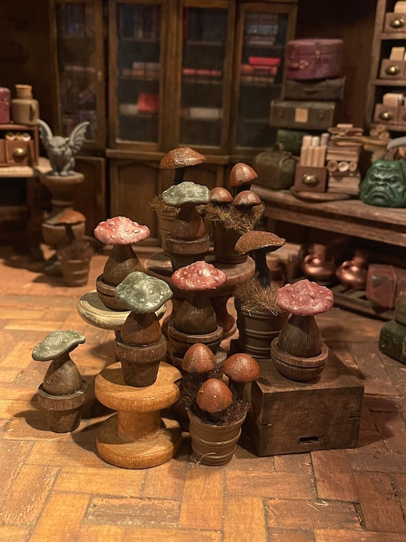 Lost Miniatures - Mushroom Set #1 - 2 x Magical Mushrooms in wooden pots - 1/12 Scale - dollhouse, diorama, mini set!