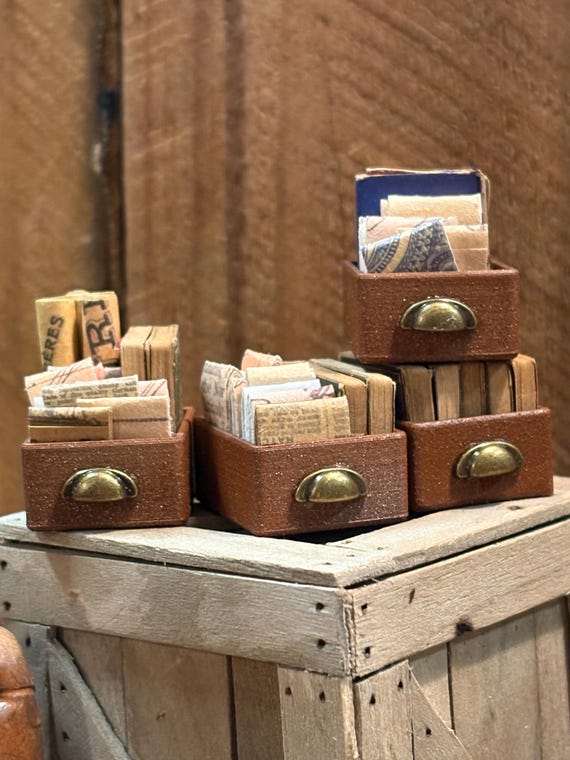Lost Miniatures - Rusty Archive Drawers - 1/12 Scale - individual drawers filled with scrolls, books and parchments - minis, diorama!