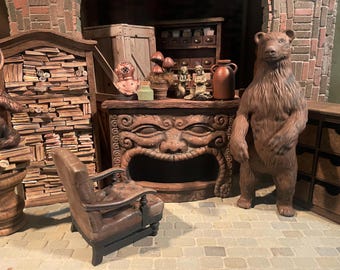 Lost Miniatures - Monster Fire Place - 1/12 Scale - Fantasy, rusted cast iron finish with Wooden Mantle - Dollhouse / Diorama / Mini Set!