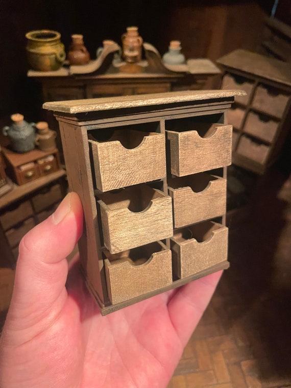 Lost Miniatures - Crate Cabinet - 6 sections - wooden crates and bench top - 1/12 Scale - Dollhouse, Diorama, Mini Set!