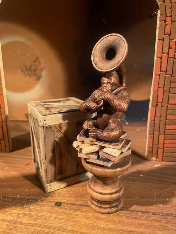 Lost Miniatures - The Gorilla & the Tuba Statue  - 1/12 Scale - Wooden Pedestal - Dollhouse, Diorama, Mini Set!
