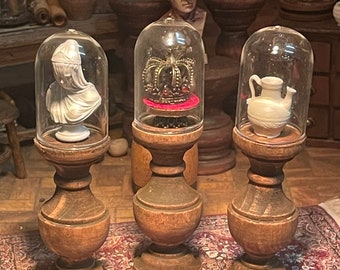 Lost Miniatures - Glass Cloche & Wooden Pedestal - 1/12 Scale - mini display, empty, diy - dollhouse - diorama - mini set! Style # 1