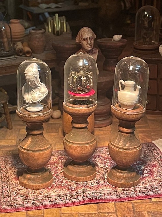 Lost Miniatures - Glass Cloche & Wooden Pedestal - 1/12 Scale - mini display, empty, diy - dollhouse - diorama - mini set! Style # 1
