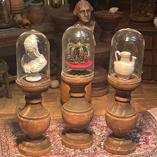 Lost Miniatures - Glass Cloche & Wooden Pedestal - 1/12 Scale - mini display, empty, diy - dollhouse - diorama - mini set! Style # 1