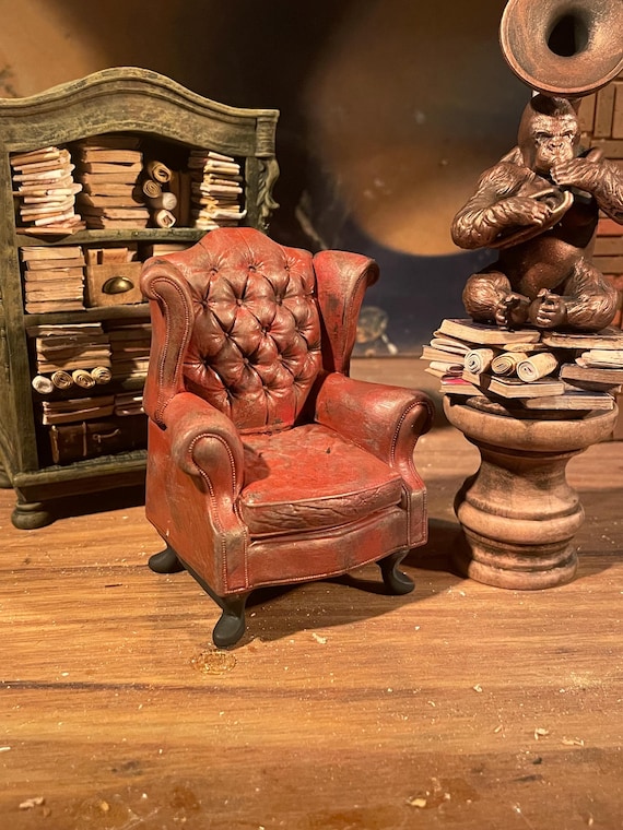 Lost Miniatures -  Rupert Arm Chair - Mini Library - Lounge Arm Chair - Old Leather Style - 1/12 scale dollhouse furniture!