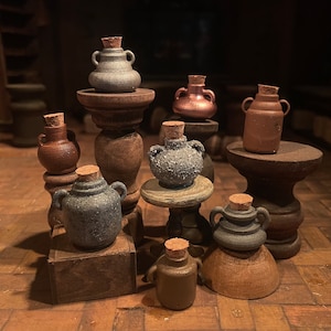 Lost Miniatures - Apothecary Collection - 8 Unique Miniature Bottles / Urns with Corks - 1/12 Scale - Urns & Jugs - Dollhouse / Diorama!