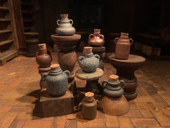 Lost Miniatures - Apothecary Collection - 8 Unique Miniature Bottles / Urns with Corks - 1/12 Scale - Urns & Jugs - Dollhouse / Diorama!