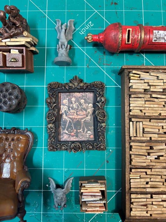Lost Miniatures - Mysterious Framed Print - Skeleton Dinner - Loud Gallery Collab - 1/12 Scale - Art / Gothic & Cottage Core / Diorama!