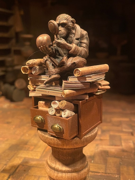 Lost Miniatures - Monkey Library Statue, scrolls, letters - 1/12 Scale - dollhouse, diorama, mini museum set!