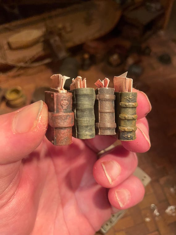 Lost Miniatures - Ancient Book Set 2 - Tree of Life, Monster, Folio, journals - Leather Folios - 1/12 Scale - Mini / Dollhouse / Diorama!