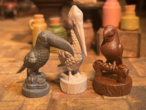 Lost Miniatures - Tiki Birds - Parrot, Toucan & Pelican - 1/12 Scale Statues - Diorama, tiki bar, dollhouse - mini set!
