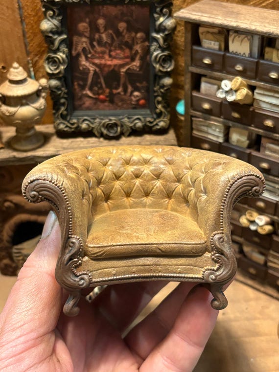 Lost Miniatures - Bertha Armchair - Mini Library - Gilded Age - leather style - 1/12 scale dollhouse furniture!