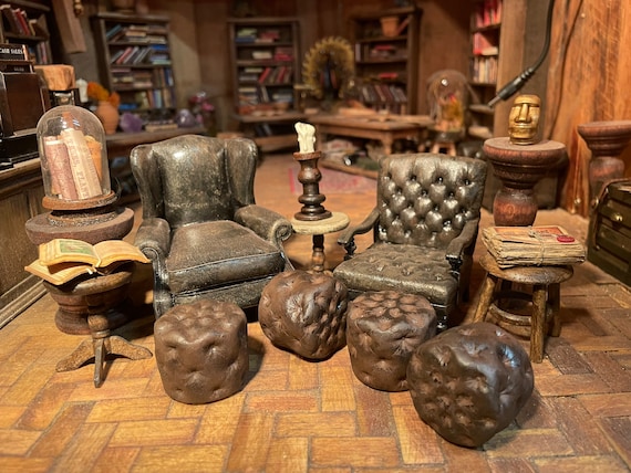 Lost Miniatures - Lounge Ottoman / Leather leg rest - 1/12 Scale - Doll House Furniture, reading room, library, study, lounge!