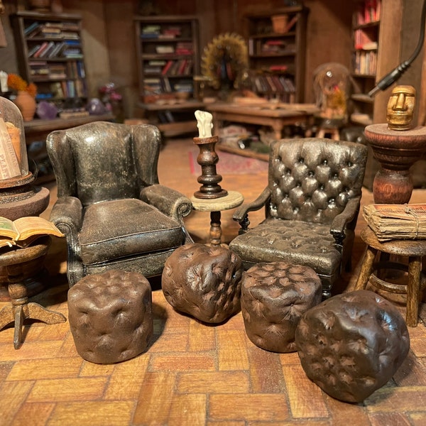 Lost Miniatures - Lounge Ottoman / Leather leg rest - 1/12 Scale - Doll House Furniture, reading room, library, study, lounge!