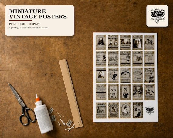 24 x Unique Miniature Posters - 1/12 scale - vintage mini posters for dollhouse or diorama!