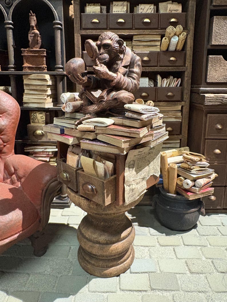 Lost Miniatures - Chimp Library Statue V2, scrolls, letters - 1/12 Scale - dollhouse, diorama, mini museum set! image 1