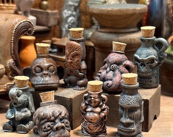 Lost Miniatures - Unique Apothecary Bottles - 8 designs - Tiki, Buddha, Monkey, Octopus Bottles - 1/12 Scale - Dollhouse / Diorama / Mini!