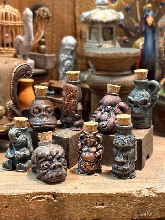 Lost Miniatures - Unique Apothecary Bottles - 8 designs - Tiki, Buddha, Monkey, Octopus Bottles - 1/12 Scale - Dollhouse / Diorama / Mini!