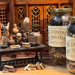 以下が含まれることがあります： 「The Department of Lost Miniatures: Library in a Jar」とラベルされた瓶のあるミニチュア図書館のシーン。ミニチュアの本、巻物、頭蓋骨、ガーゴイルの像が含まれており、ファンタジーをテーマにしています。