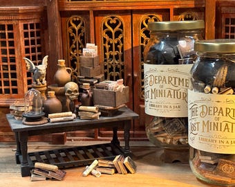 Lost Miniatures - Library In A Jar V2  - 1/12 Scale - DIY Bundle-Books, Scrolls, archives, pedestals - dollhouse/diorama/mini set!