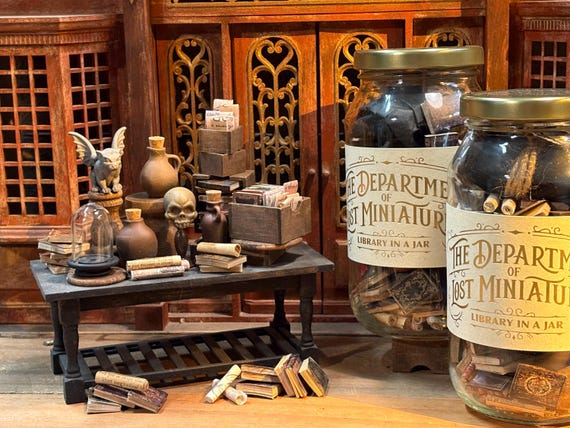 Lost Miniatures - Library In A Jar V2  - 1/12 Scale - DIY Bundle-Books, Scrolls, archives, pedestals - dollhouse/diorama/mini set!