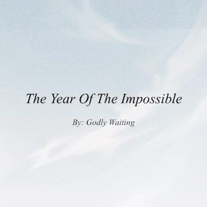 May include: A book cover with a pale blue and white cloudy background. The title The Year Of The Impossible is printed in black serif font in the centre, followed by the author name By: Godly Waiting in a smaller black serif font below it.