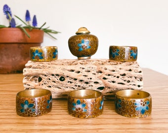 5 Vintage  Cloisonne Napkins Rings and a Salt Shaker