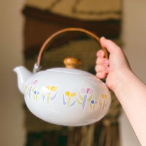 Vintage Enamel Teapot With Wooden Handle