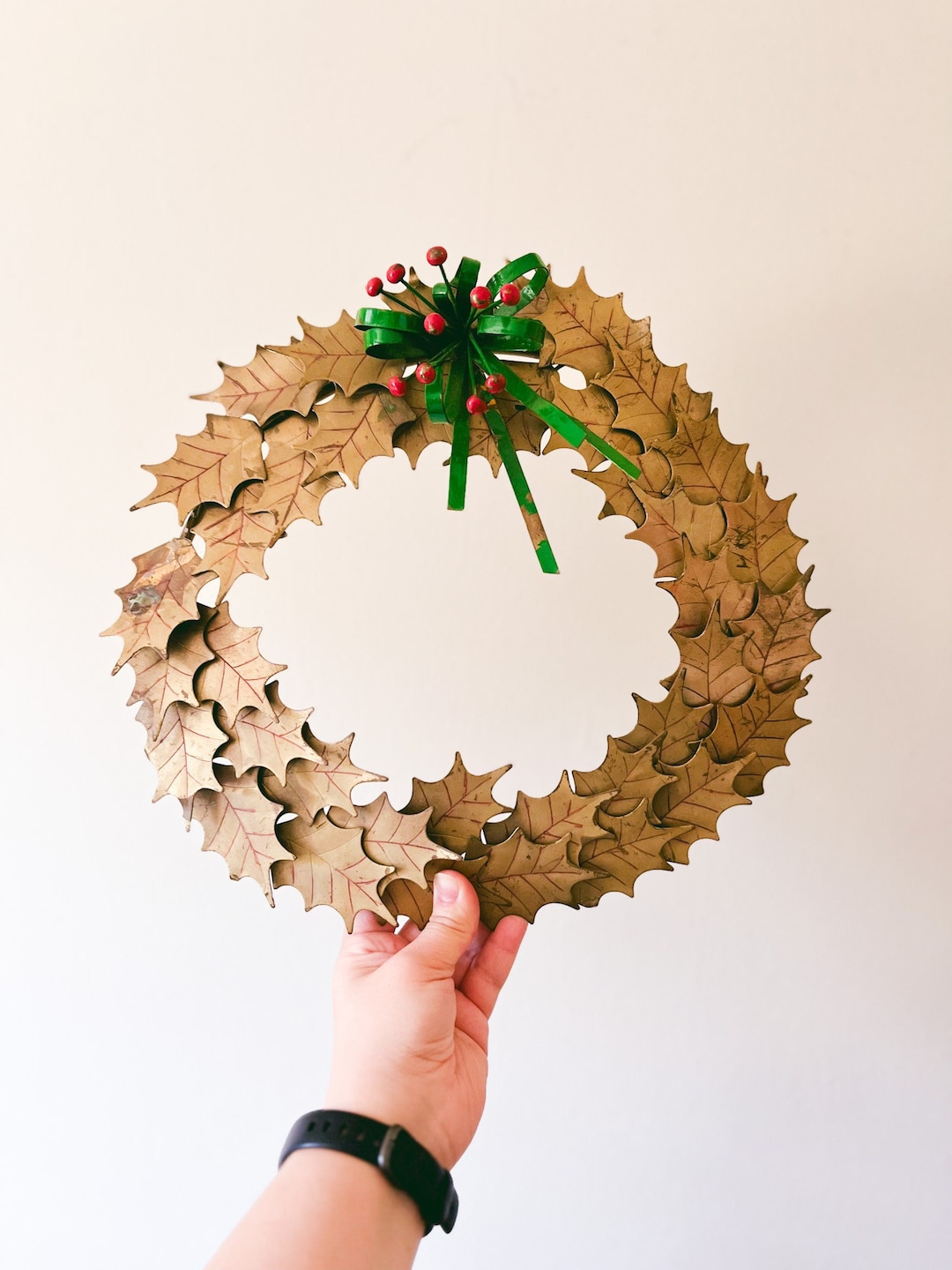 Very Rare Brass Holly Leaf Christmas Wreath / Brass Holiday Wreath
