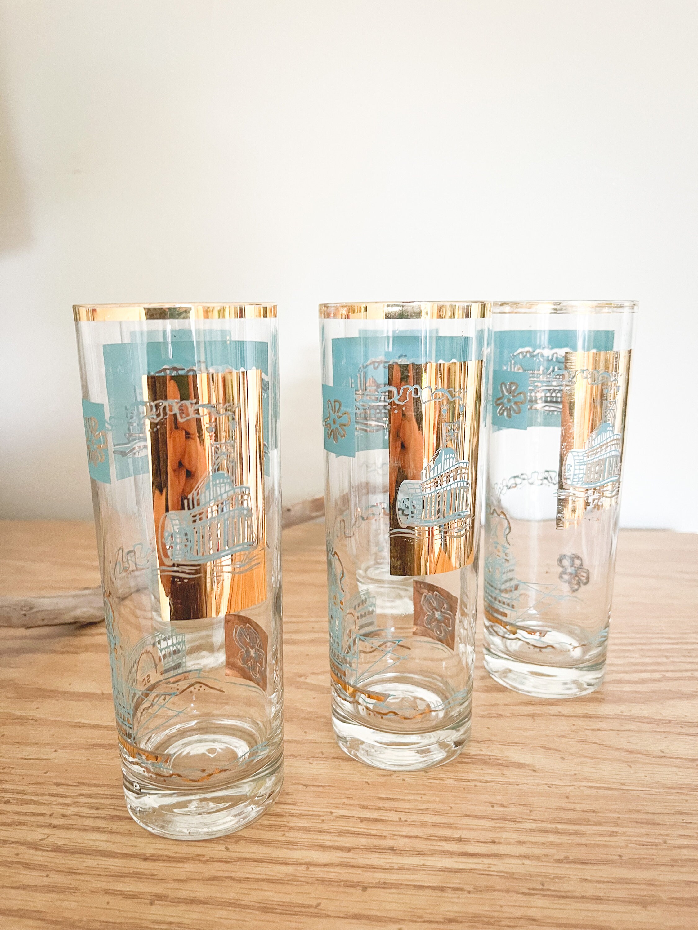 5 Libbey Drinking Glasses Tumblers / Steamboat Blue & Gold / Etsy