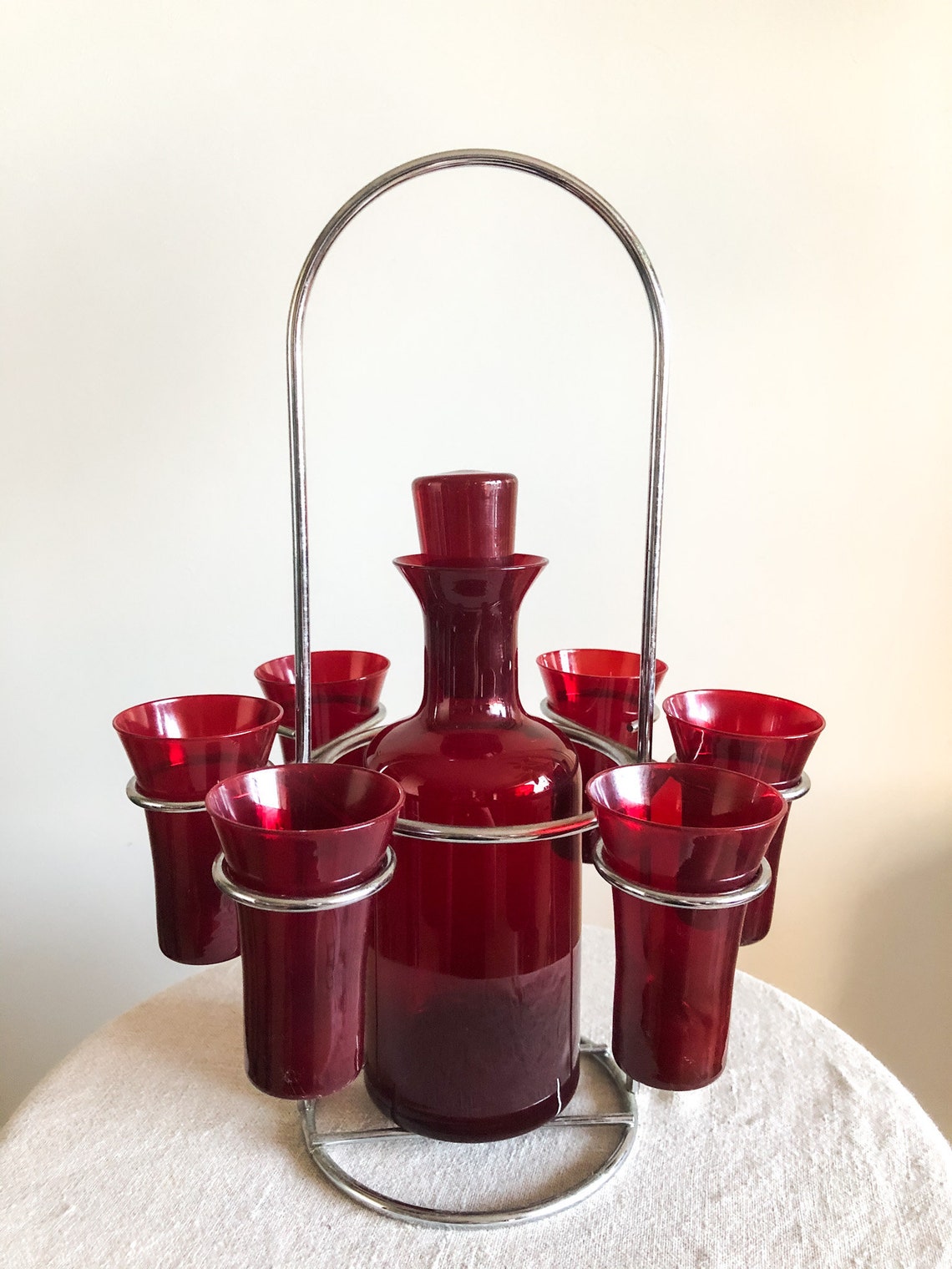 Vintage Chrome Caddy 6 Shot Glasses and Bottle Thin Red Etsy