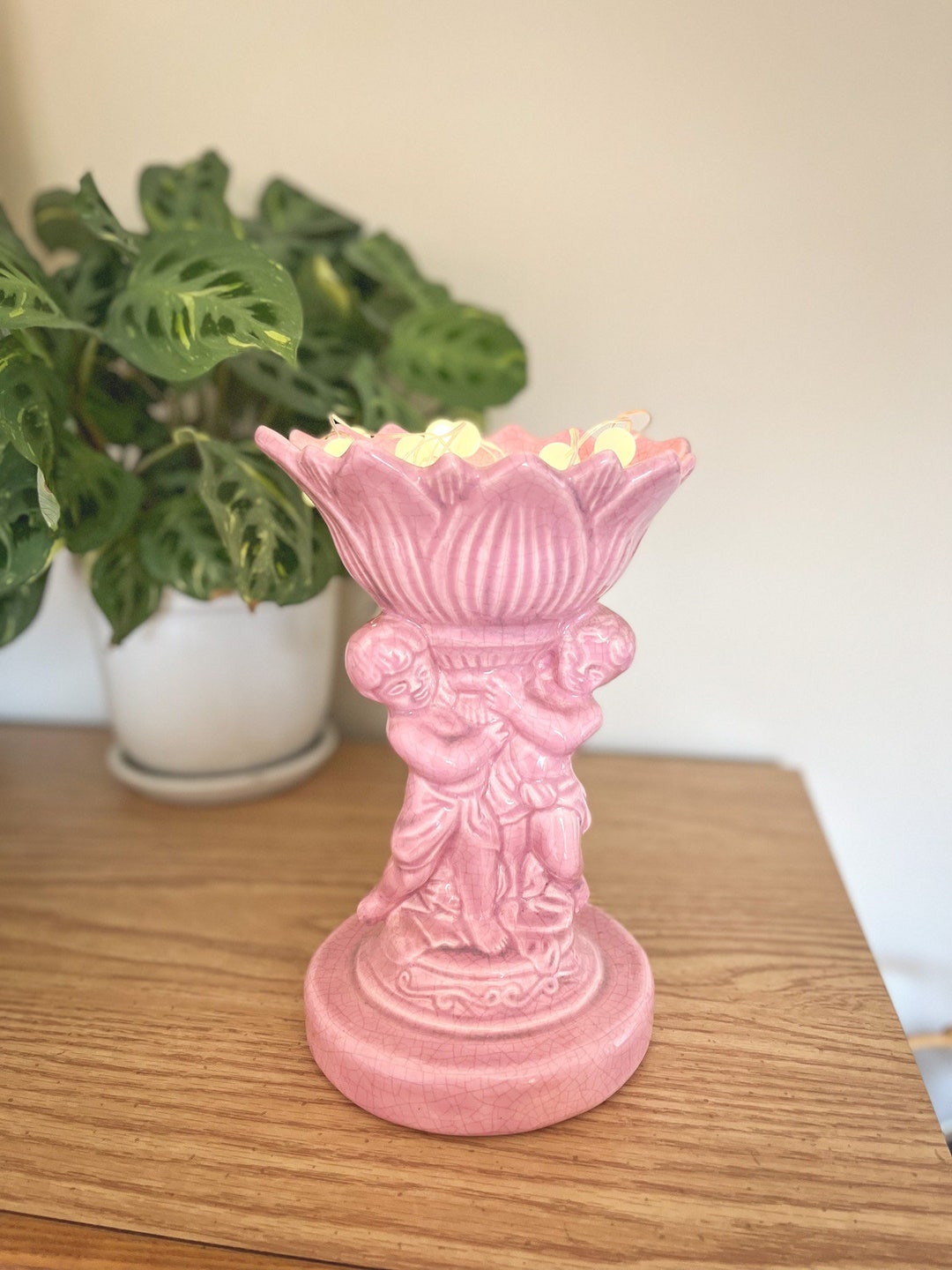 Vintage Pink Candle Holder/planter With Cherubs Etsy