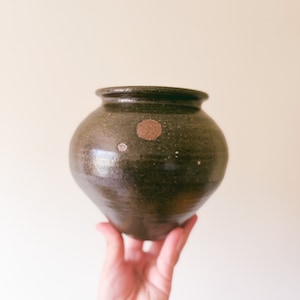 May include: A dark brown ceramic pot with a rounded body and a slightly flared rim. The pot has a textured surface with a few small, lighter-colored spots and a larger, circular brown patch. The pot is held up by a hand.