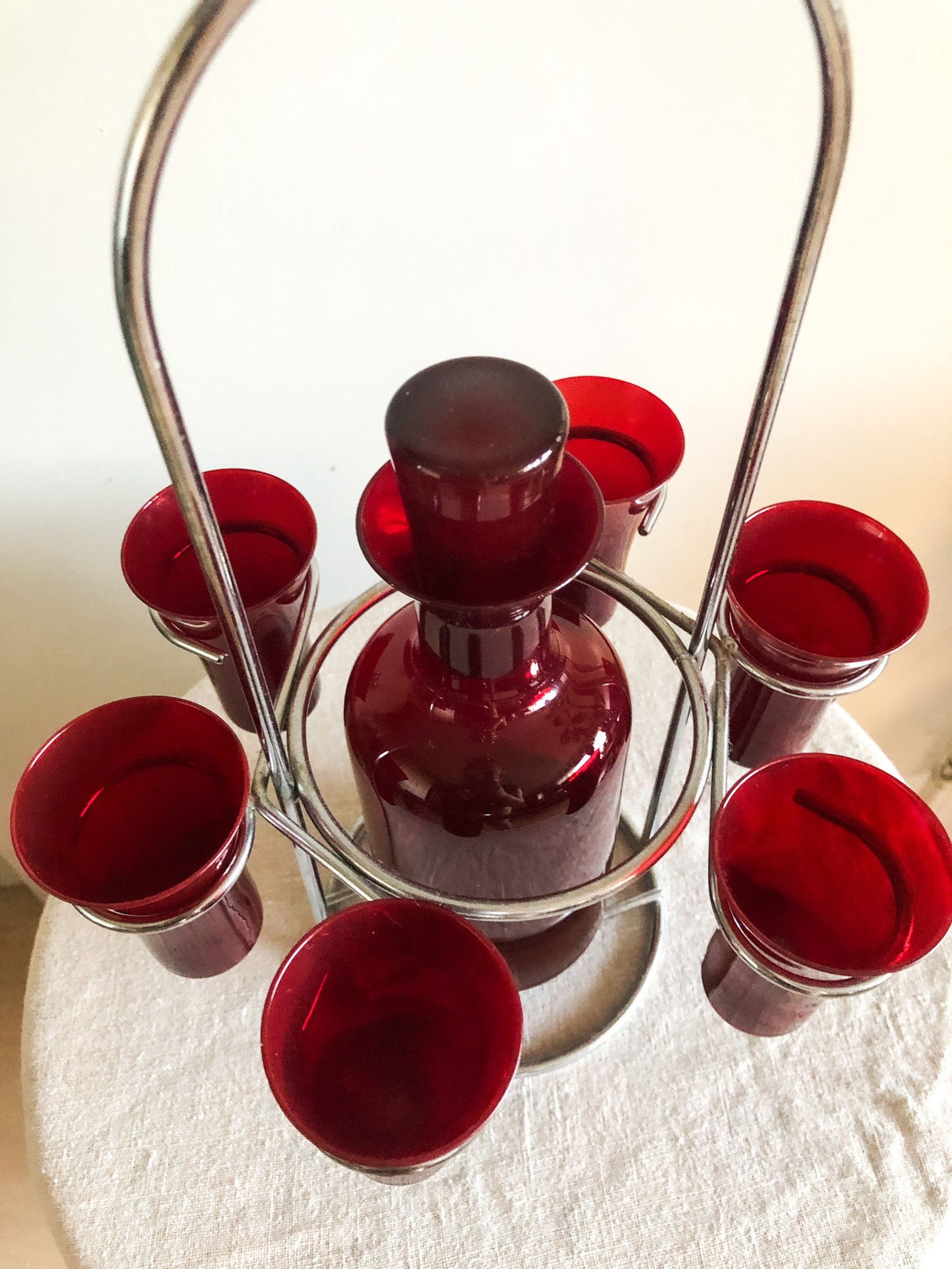 Vintage Chrome Caddy 6 Shot Glasses and Bottle Thin Red Etsy