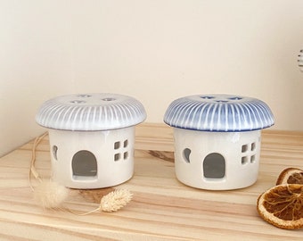 House artisanal porcelain ceramic tealight holder blue or purple roof