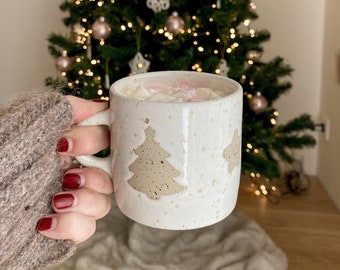 Christmas mug white speckled ceramic tableware in handmade stoneware fir