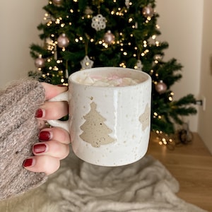 Christmas mug white speckled ceramic tableware in handmade stoneware fir