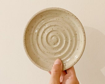 Beige speckled ceramic bathroom soap dish in handmade stoneware