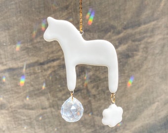 Suncatcher with horse flower white ceramic sun catcher in handmade stoneware