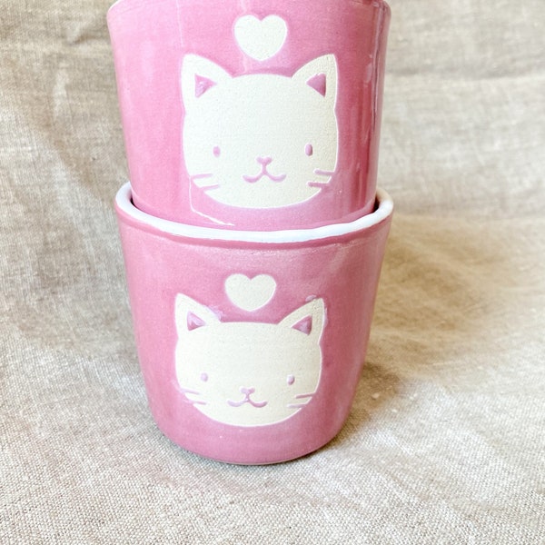 Cat cup white speckled or pink stoneware handmade ceramic tableware