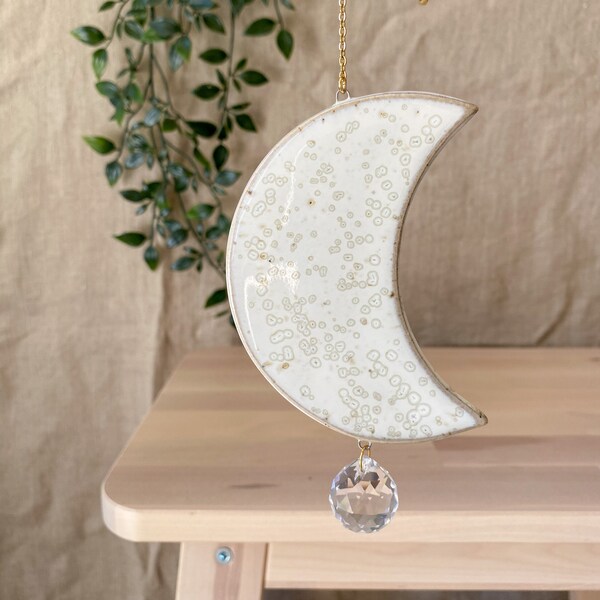 White ceramic moon suncatcher, handmade stoneware sun catcher