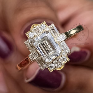 1.20 CT Emerald Cut Moissanite Engagement Ring, Mosaic Halo Ring, 14K Solid Gold Ring, Starburst Ring, Vintage Ring, Unique Ring