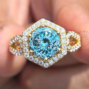 Vintage 2.05 CT Portuguese Cut Cyan Blue Moissanite Ring, Diamond Engagement Ring, Gold Wedding Ring, 14K Gold Anniversary Gift For Women