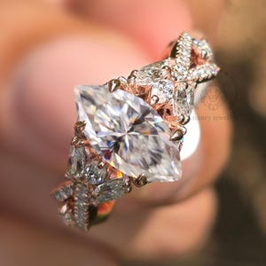 Marquise Cut Moissanite Engagement Ring, Vintage Style Floral Art Deco Style Engagement Ring, Unique Bridal Ring, Luxury Wedding Ring Gits