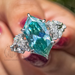 Vintage Floral 14K Gold Moissanite Engagement Ring: Cyan Blue Marquise Cut