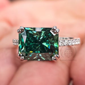Green Radiant Cut Moissanite Engagement Ring: 14K White Gold Wedding Band