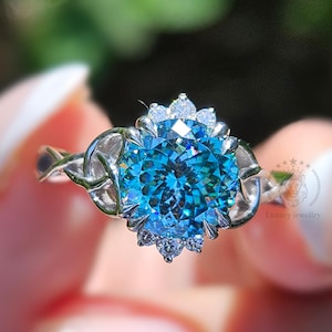 2CT Portuguese Cut Cyan Blue Moissanite Ring 14K Solid Gold Unique Engagement Ring Bridal Ring Solitaire Ring Anniversary Ring For Women