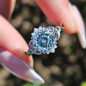 2CT Cyan Blue Moissanite Ring: 14K Gold Portuguese Cut Engagement Ring